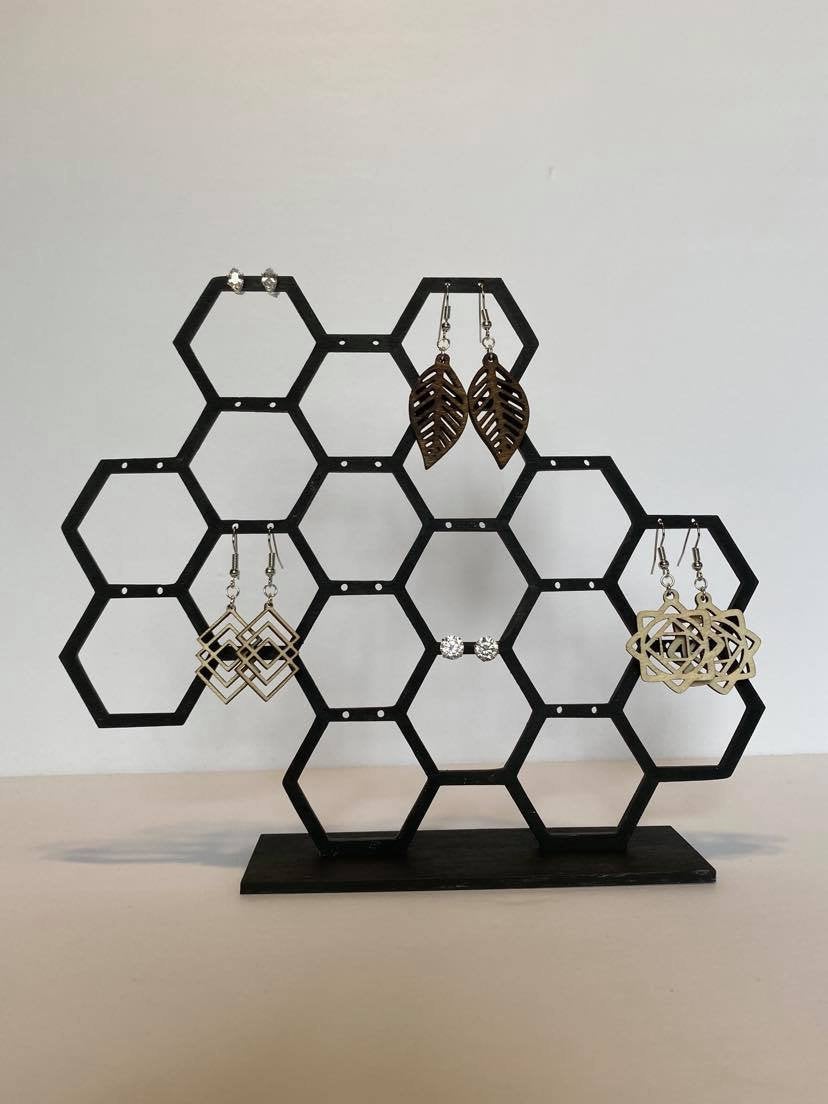 Small Hexagon Earring Stand Wood and Metal Jewelry Holder