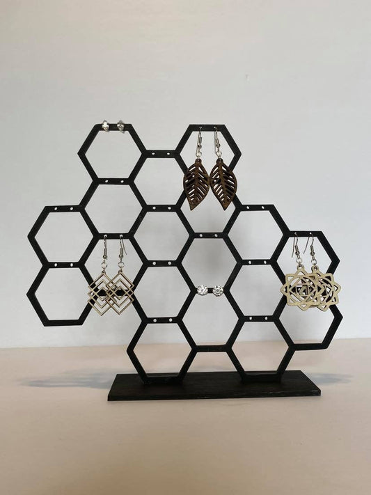 Wood Honeycomb Earring Display | Wood Earring Holder Stand | Modern White Stud Or Dangling Earring Jewelry Storage | Custom Color