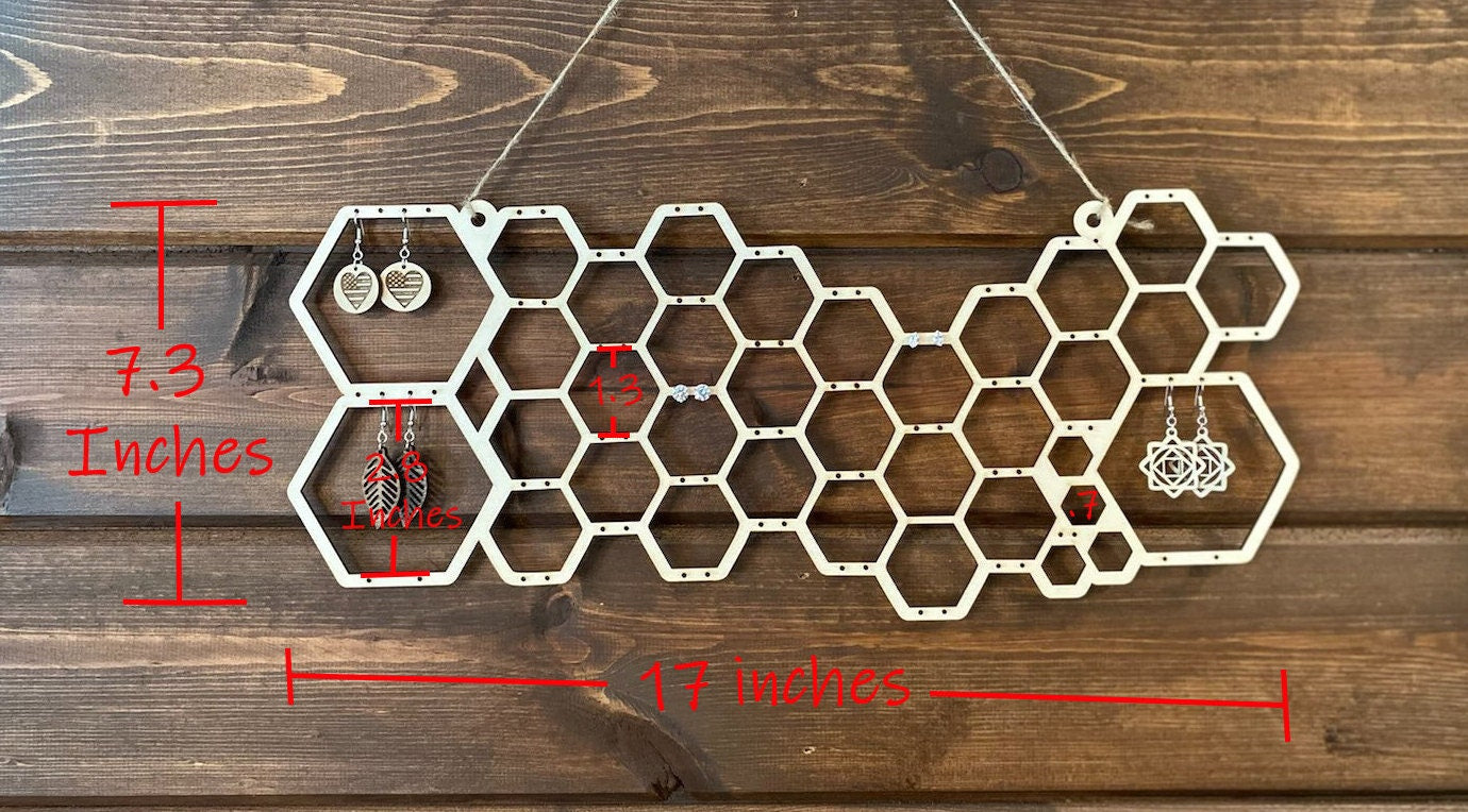 Wood Honeycomb Earring Wall Display | Wood Earring Holder Stand | Modern White Stud Or Dangling Earring Jewelry Storage | Custom Color