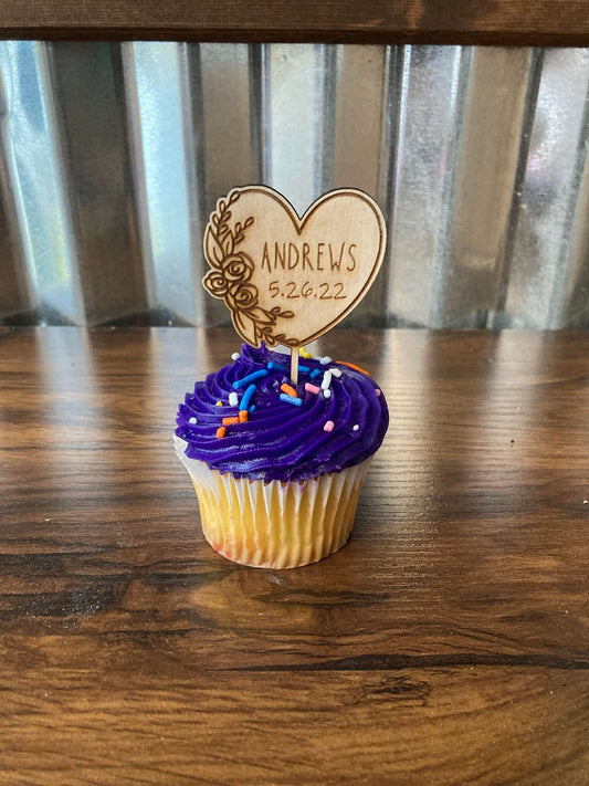 Heart with flowers Custom Wedding Cupcake Topper | Wedding cake topper | You pick the font! | Ships Fast