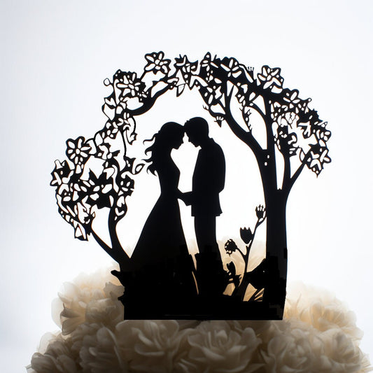 Wedding Cake Topper - Bride Groom Between Blossom Trees - Made to Order - One of a Kind Topper - Rustic Weddings - You Pick the Color
