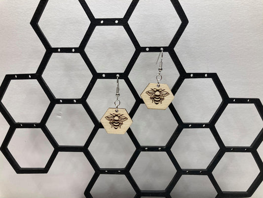 Honey Bee Honeycomb Earrings  |   Ships Fast | Wood jewelry | Dangle earrings