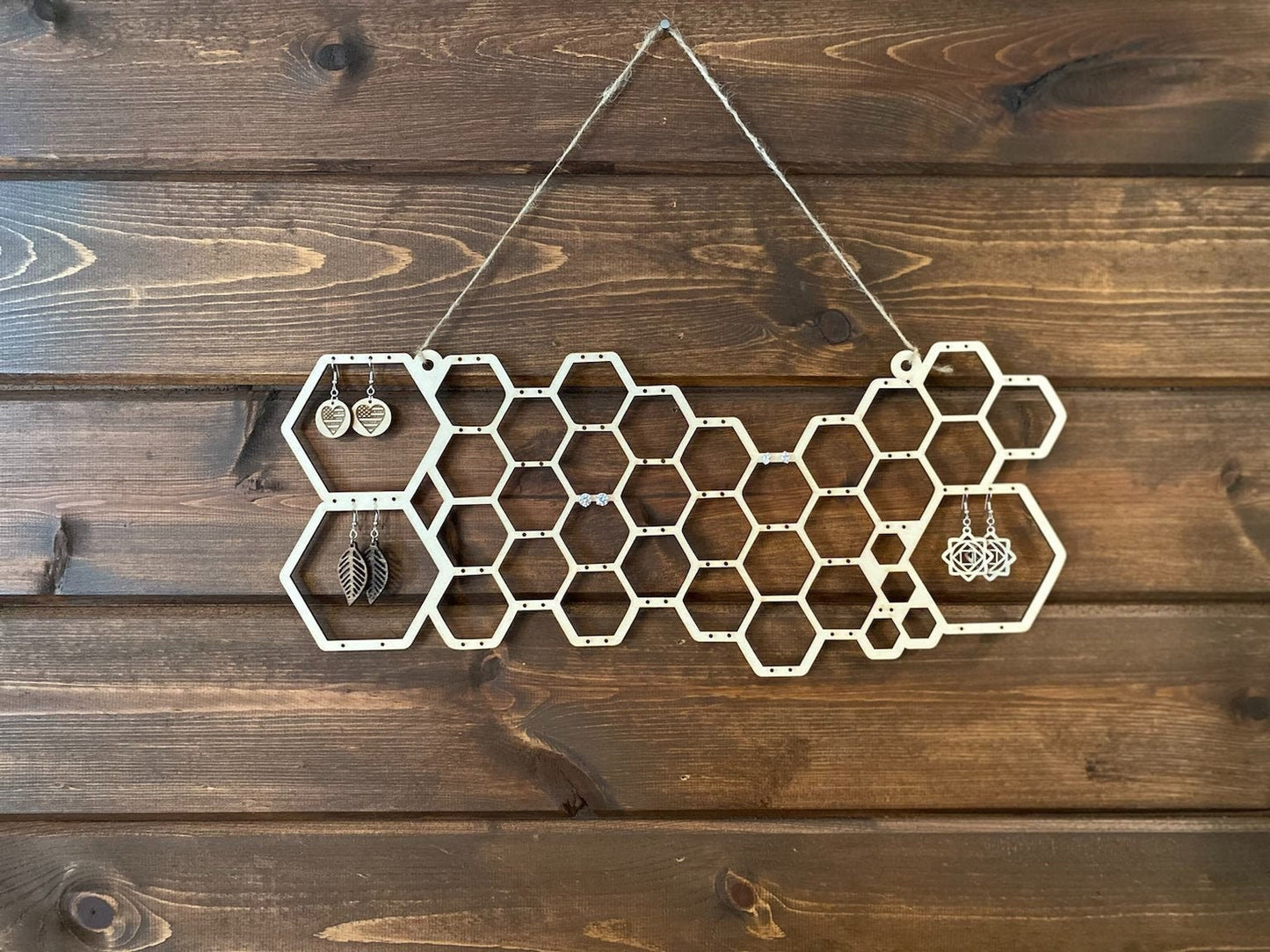 Wood Honeycomb Earring Wall Display | Wood Earring Holder Stand  | Modern White Stud Or Dangling Earring Jewelry Storage | Custom Color