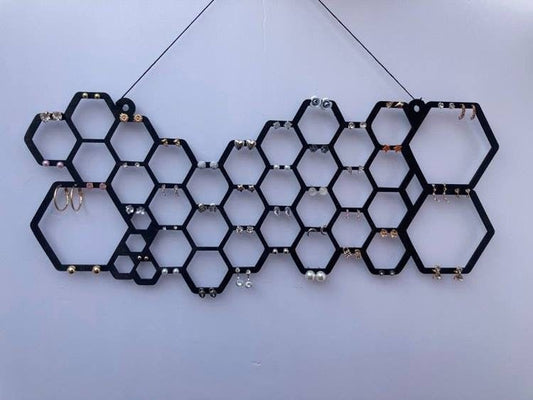 Wood Honeycomb Earring Wall Display | Wood Earring Holder Stand  | Modern White Stud Or Dangling Earring Jewelry Storage | Custom Color