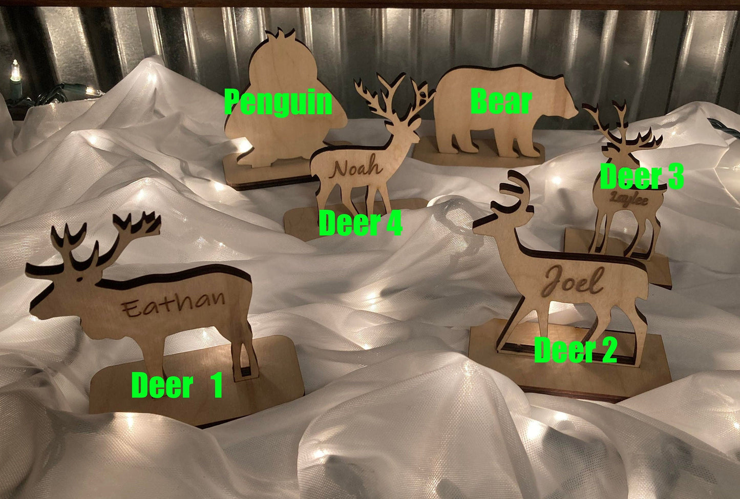 Personalized Deer Penguins and Bear Table Name Card Engraved Wooden Signs