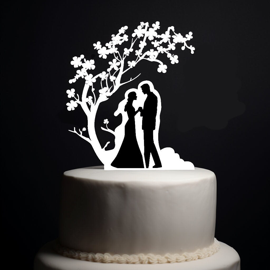 Wedding Cake Topper -  Bride Groom Under Blossom Tree - Made to Order - One of a Kind Topper - Rustic Weddings - You Pick the Color